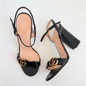 Gucci Marmont GG Gold Logo Black Leather Ankle Strap Block Heels Sandals EU 39